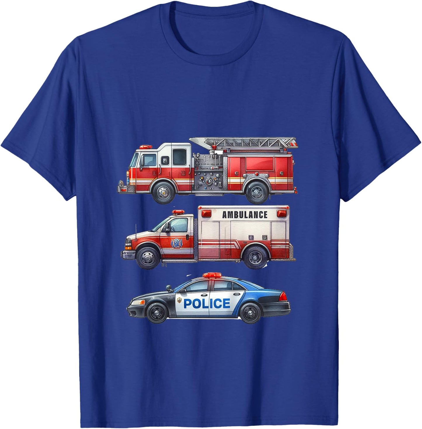 Kids Emergency Rescue Vehicle Boy Fire Truck Police Car Ambulance T-Shirt - T-Shirt | Royal