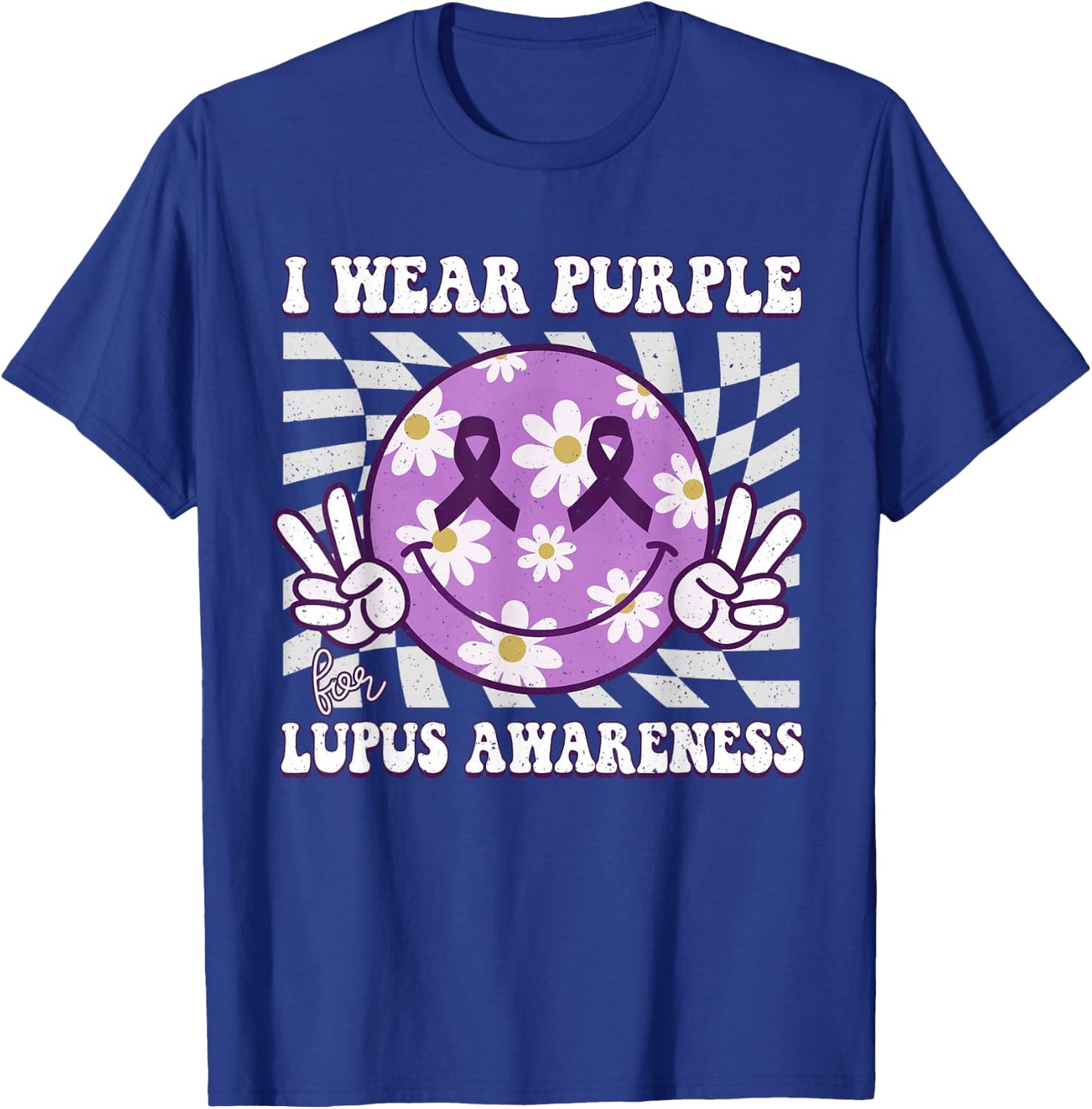 Retro Lupus Awareness Smile Hippie Checkered Purple Ribbon T-Shirt - T-Shirt | Royal