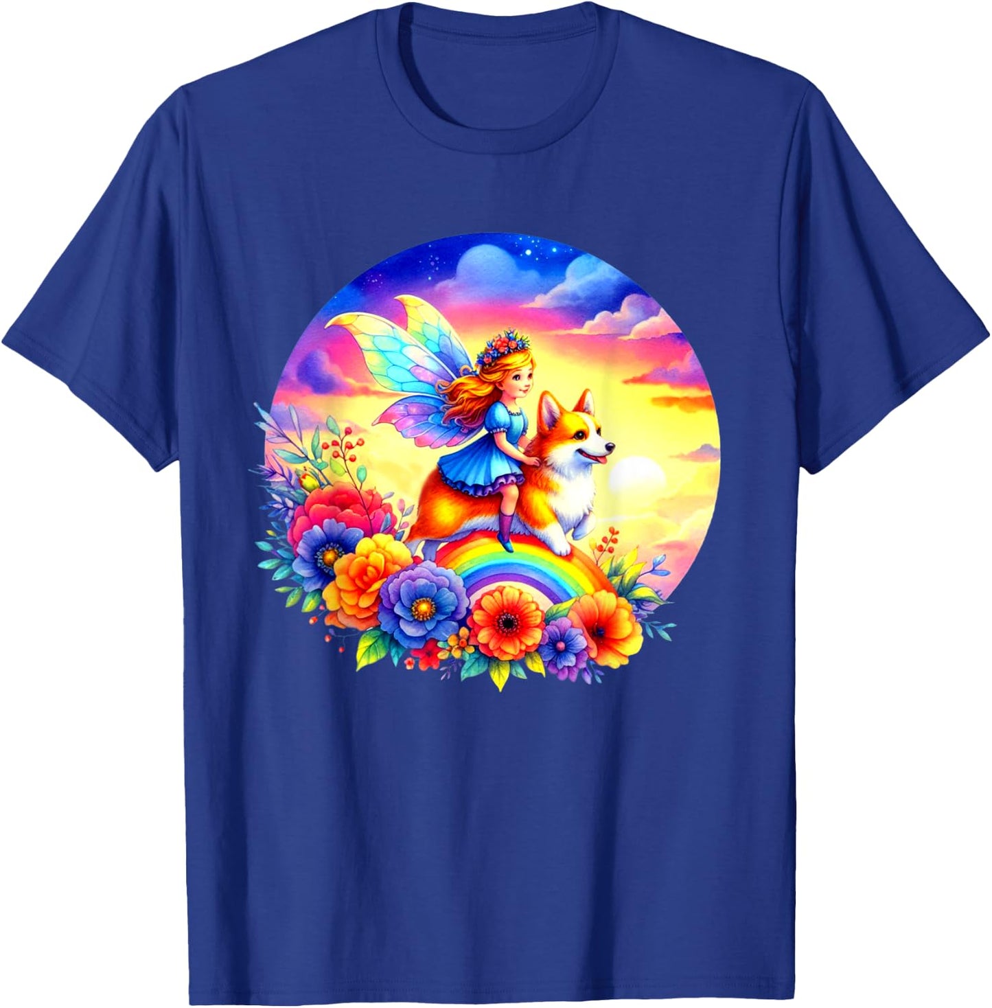 Fairy Riding Corgi Dog Rainbow Flowers Corgi Dog Lovers Art T-Shirt - T-Shirt | Royal