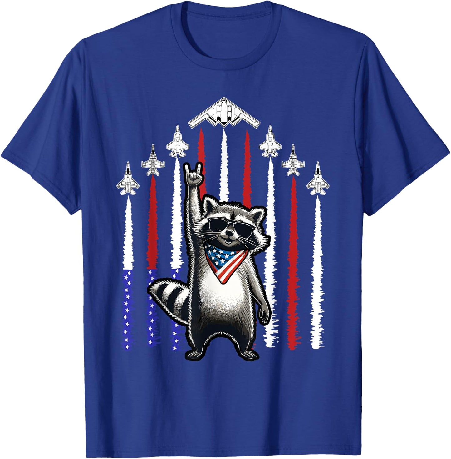 4th of July USA Flag Fighter Jets Raccoon Funny Patriotic T-Shirt - T-Shirt | Royal