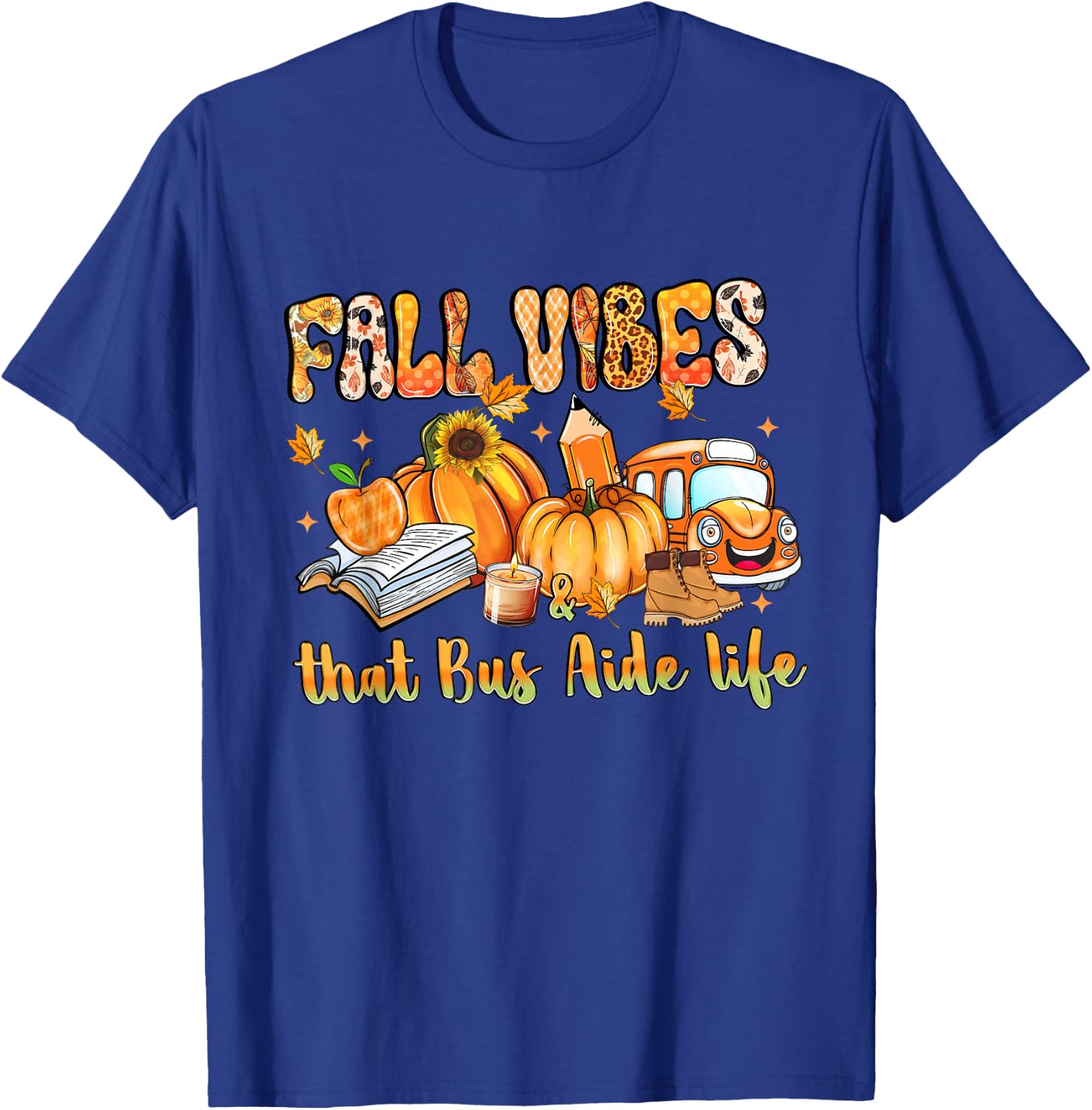 Fall Vibes & That Bus Aide Life Pumpkin Leopard School Bus T-Shirt - T-Shirt | Royal