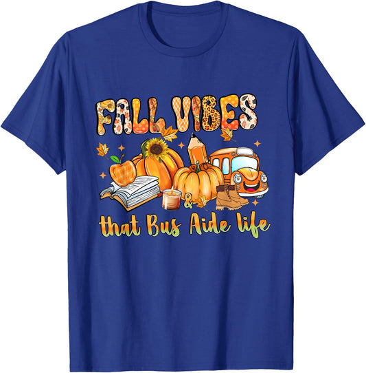 Fall Vibes & That Bus Aide Life Pumpkin Leopard School Bus T-Shirt - T-Shirt | Royal
