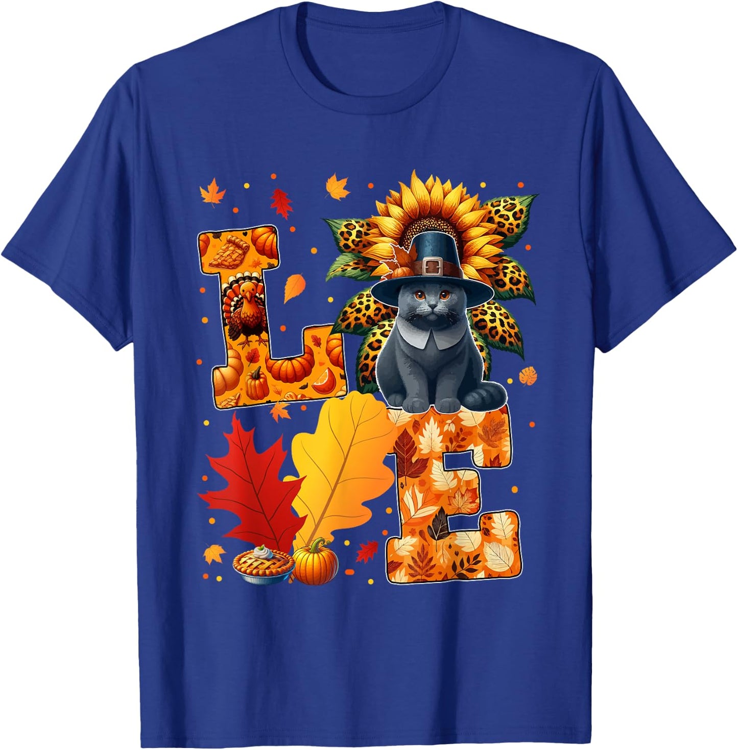 LOVE Thanksgiving Russian Blue Cat Costume Fall Leaves Women Kids T-Shirt - T-Shirt | Royal