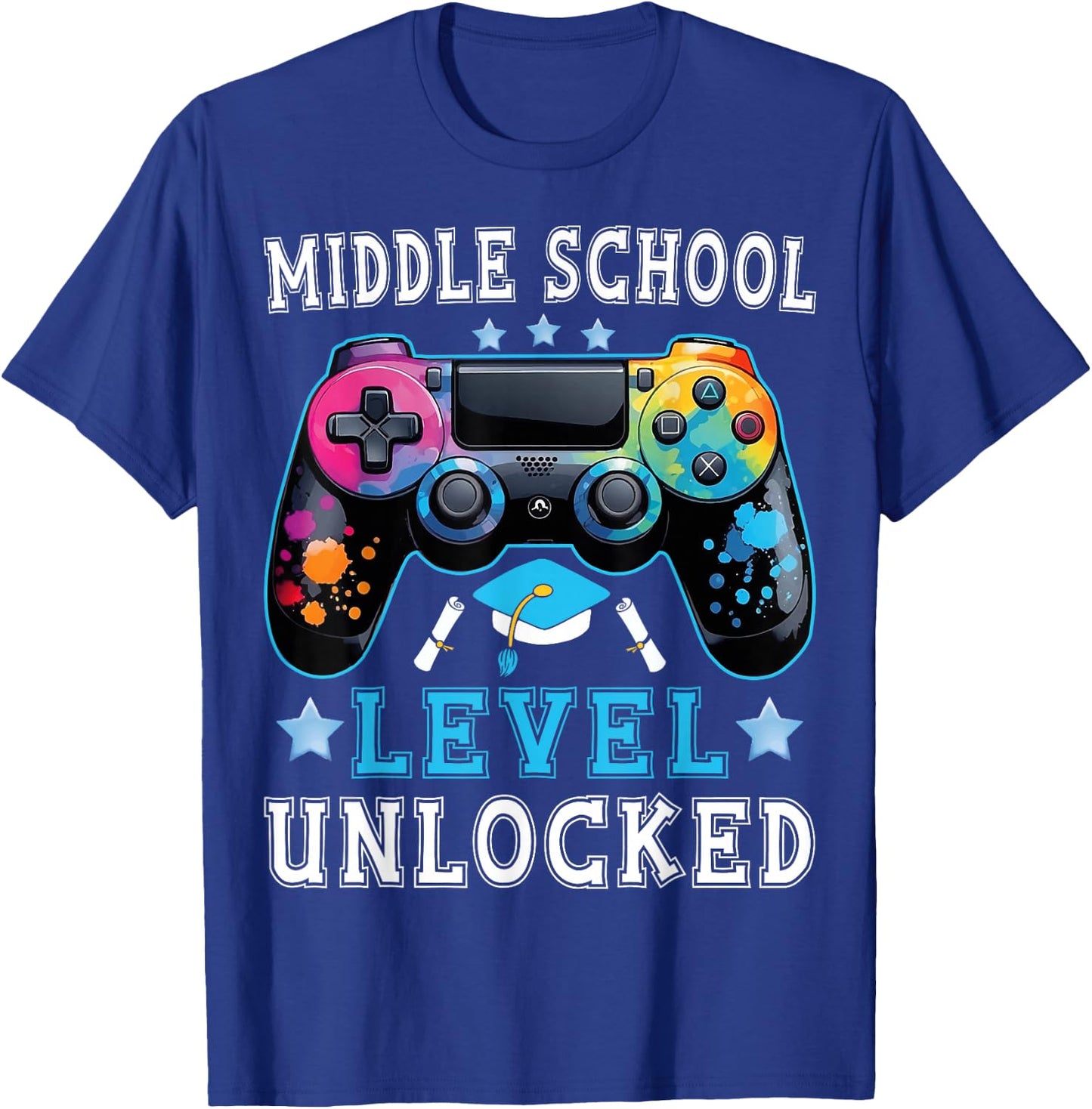 Middle School Level Unlocked Gamer First Day Back To School T-Shirt - T-Shirt | Royal