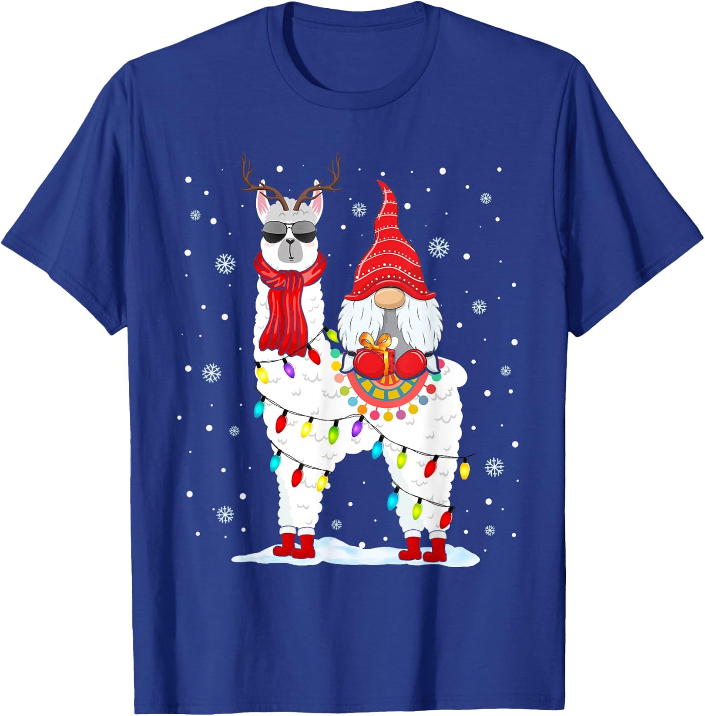 Santa Gnomes Riding Llama Reindeer Christmas Lights T-Shirt - T-Shirt | Royal