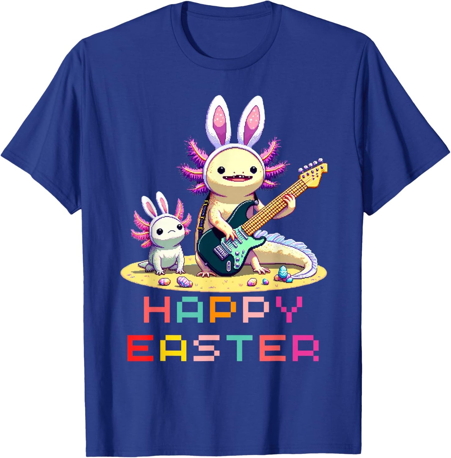 Axolotl Happy Easter EggsRetro Vintage Pixel Art Rock Guitar T-Shirt - T-Shirt | Royal