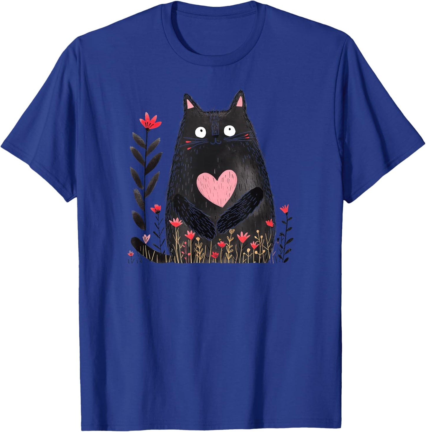 Cute Black Cat Heart Flowers Love Valentine Pink Red Top Women Kids T-Shirt - T-Shirt | Royal
