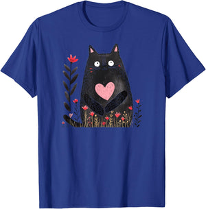Cute Black Cat Heart Flowers Love Valentine Pink Red Top Women Kids T-Shirt - T-Shirt | Royal
