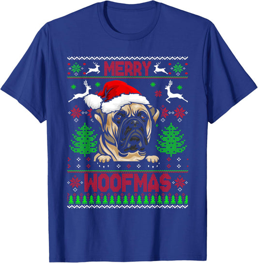 Merry Woofmas Christmas Santa Bull Mastiff Lover Sweater T-Shirt - T-Shirt | Royal