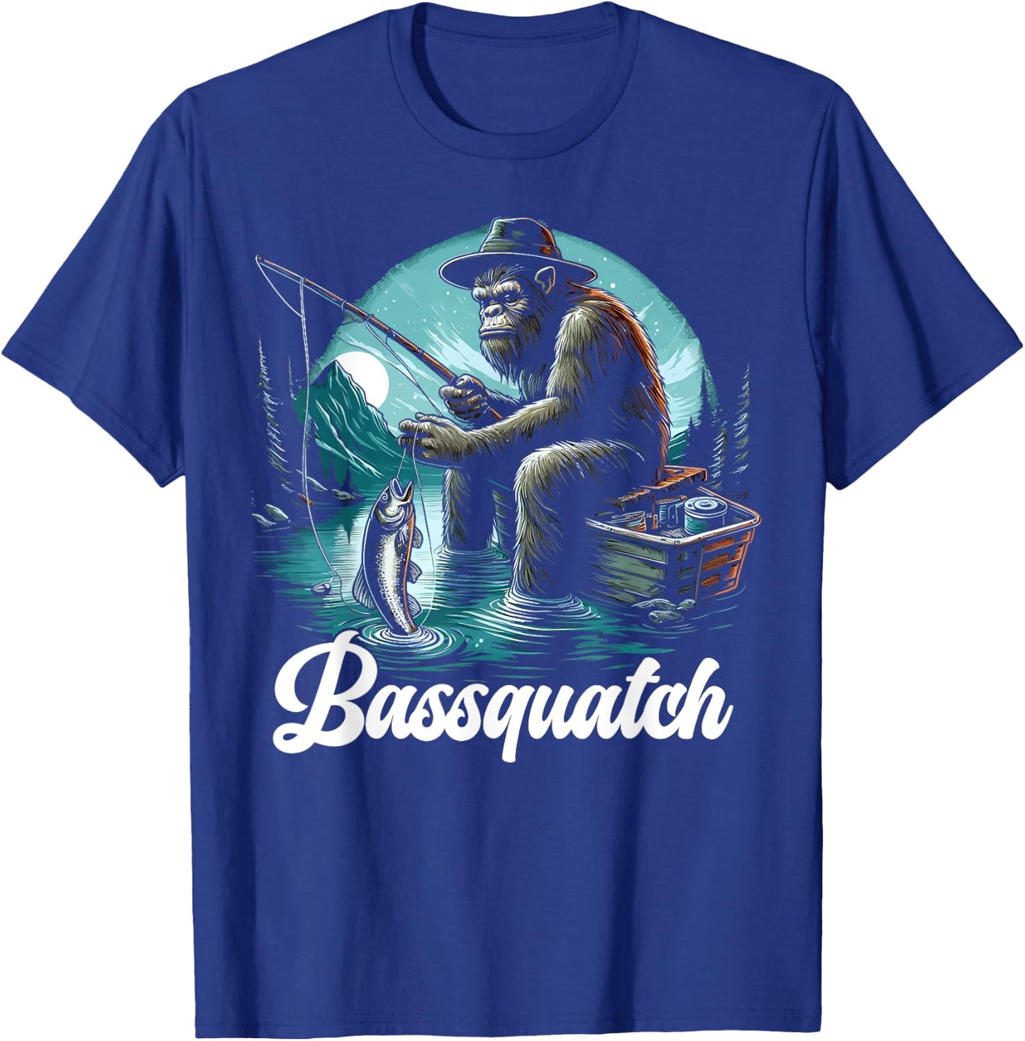 Bassquatch! Funny Bass Fishing Sasquatch Retro 80s Fisherman T-Shirt - T-Shirt | Royal