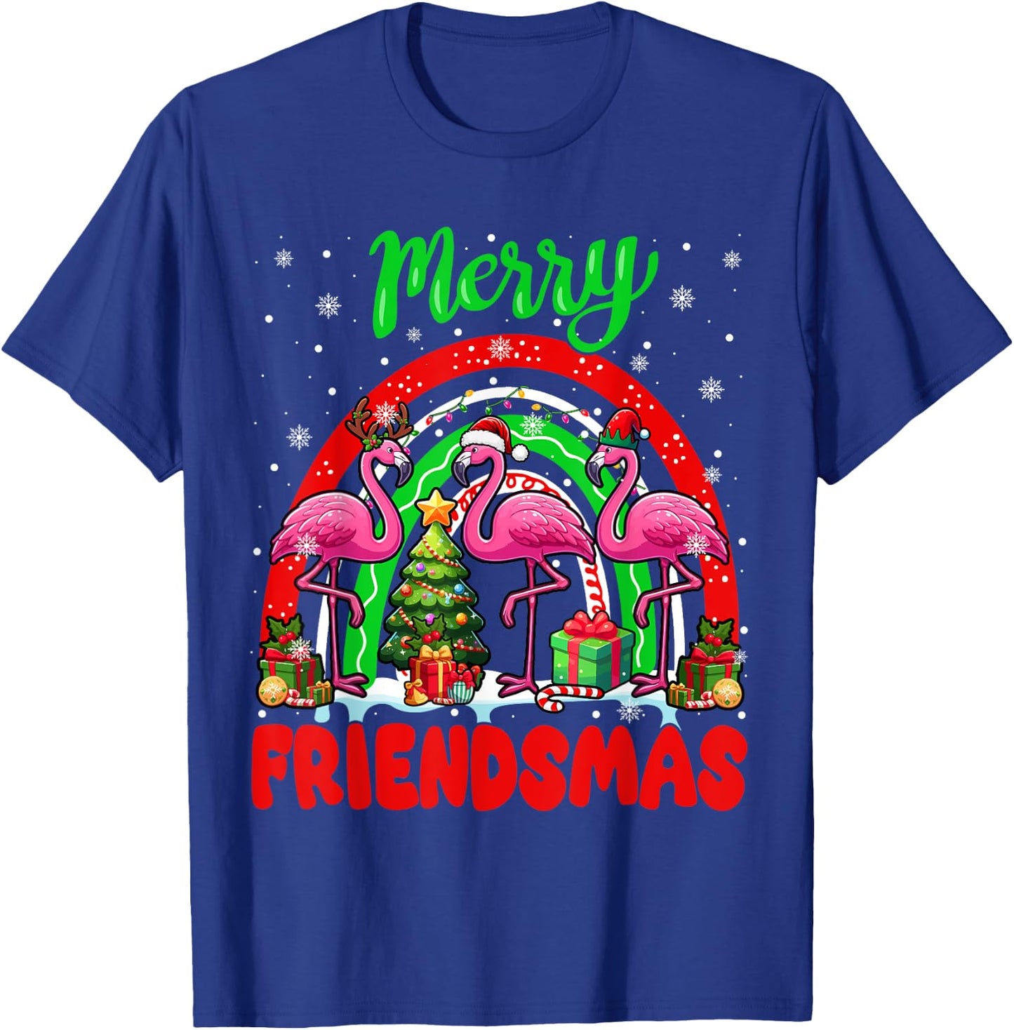 Merry Christmas Friends Three Santa Flamingos Rainbow T-Shirt - T-Shirt | Royal
