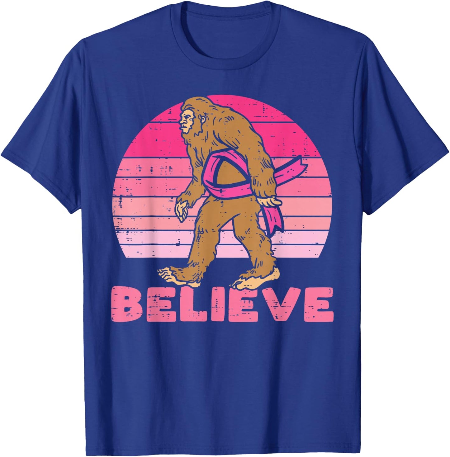Bigfoot Sasquatch Ribbon Believe Breast Cancer Awareness T-Shirt - T-Shirt | Royal