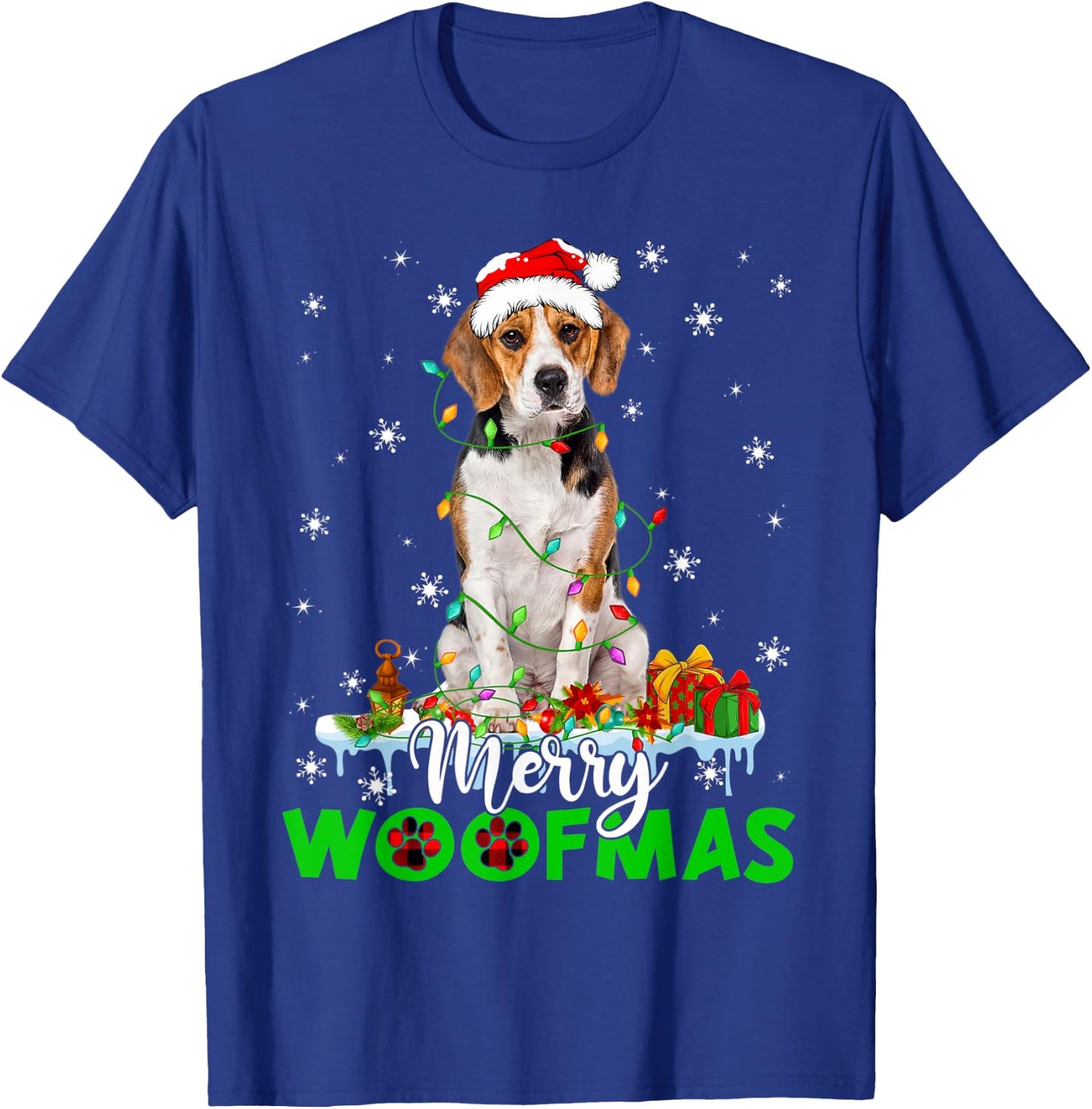 Beagle Dog Merry Woofmas Funny Xmas Lights Santa Hat T-Shirt - T-Shirt | Royal