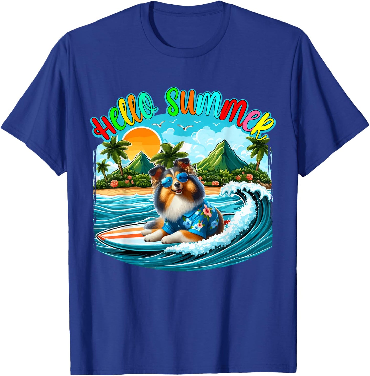 Summer Costume Sheltie Sunglasses Surfing On Beach Surfer Women Kids T-Shirt - T-Shirt | Royal