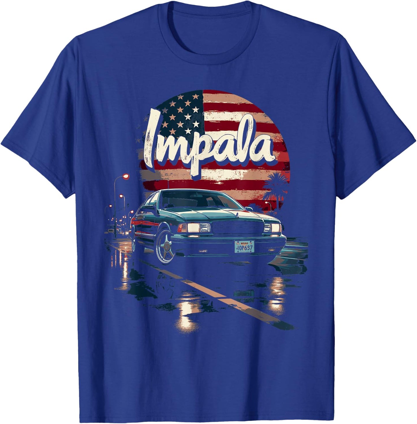 Impala B Body American Flag Impala SS Car 94-96 Coupe T-Shirt - T-Shirt | Royal