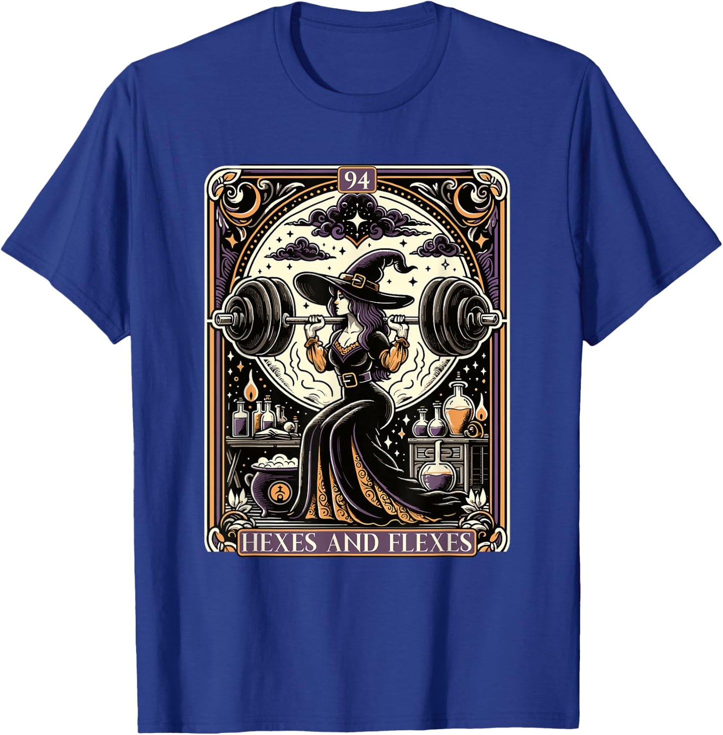 Witch Workout Fitness Deadlifting Hexes Flexes Tarot Card T-Shirt - T-Shirt | Royal