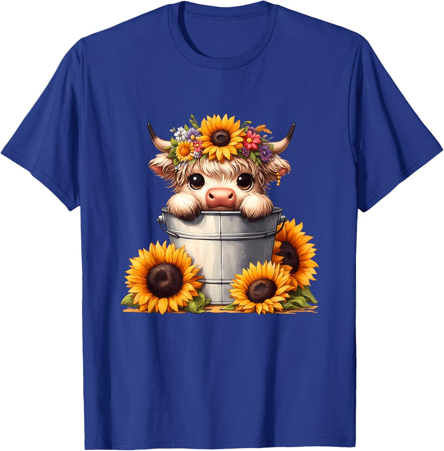 Cute Baby Highland Cow with Sunflowers in Bucket, Calf T-Shirt - T-Shirt | Royal