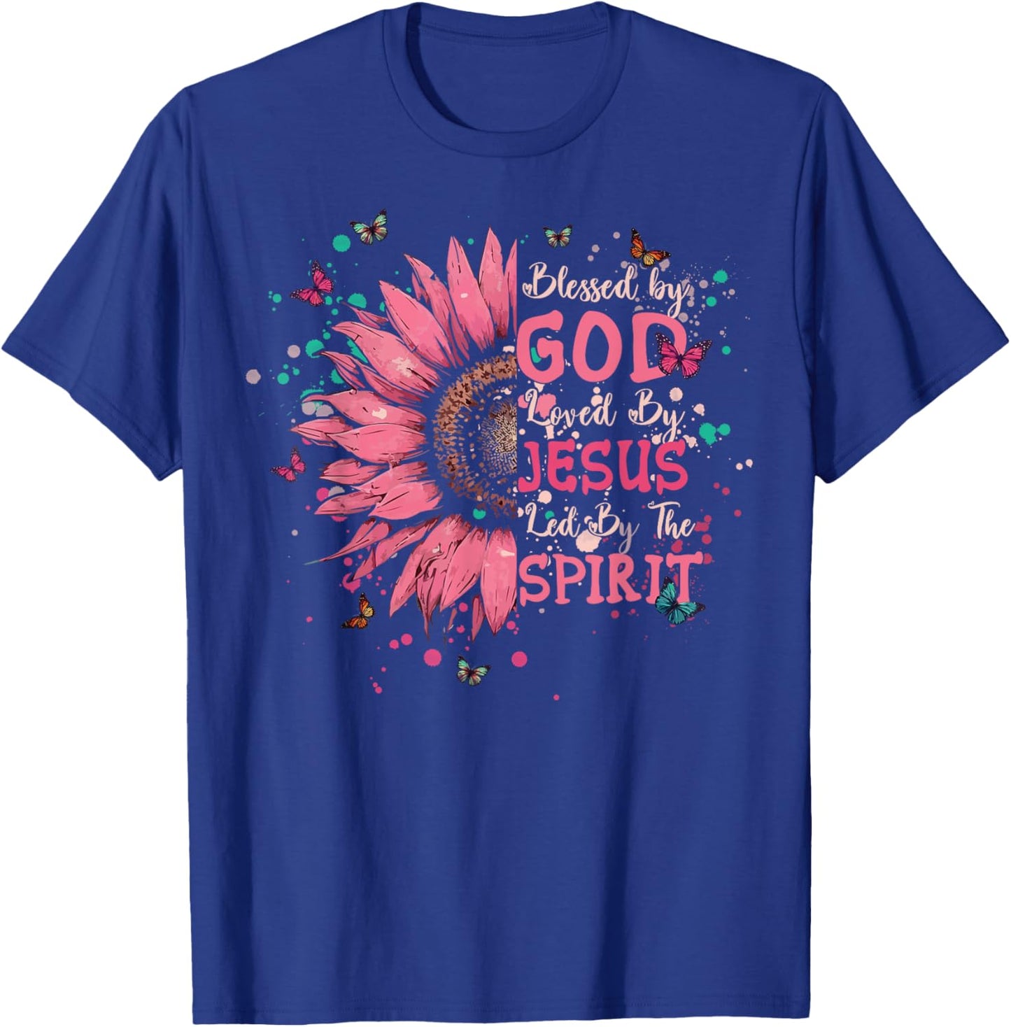 Blessed by God Loved by Jesus Christian Cross Sunflower T-Shirt - T-Shirt | Royal