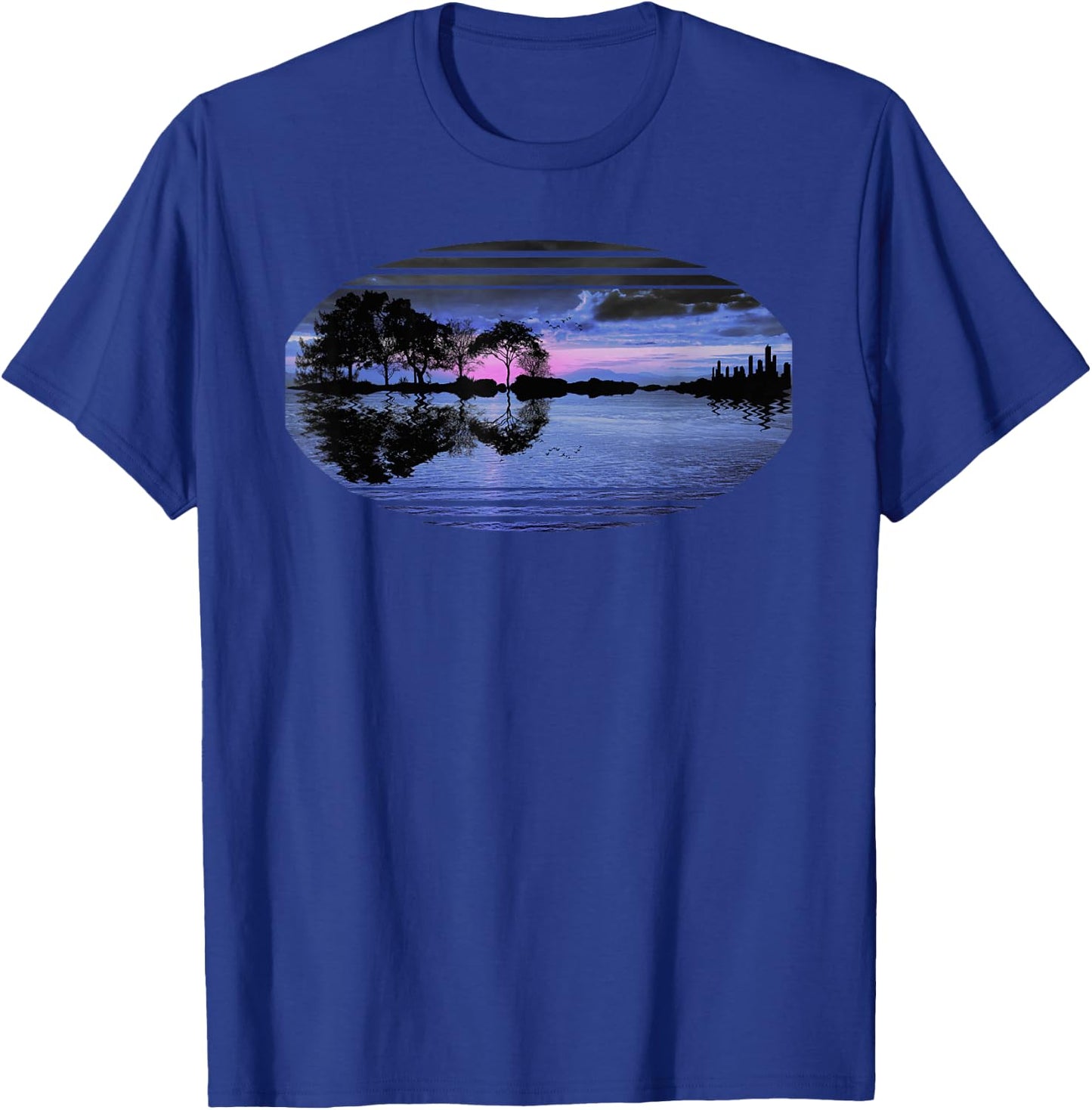 Guitar Sunset Sky Trees City Lake Reflection Stylish Design T-Shirt - T-Shirt | Royal