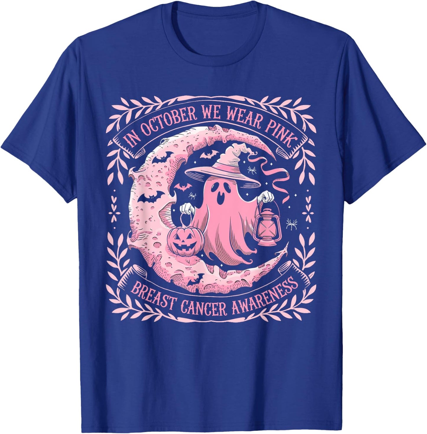 October We Wear Pink Ghost Halloween Pumpkins Breast Cancer T-Shirt - T-Shirt | Royal