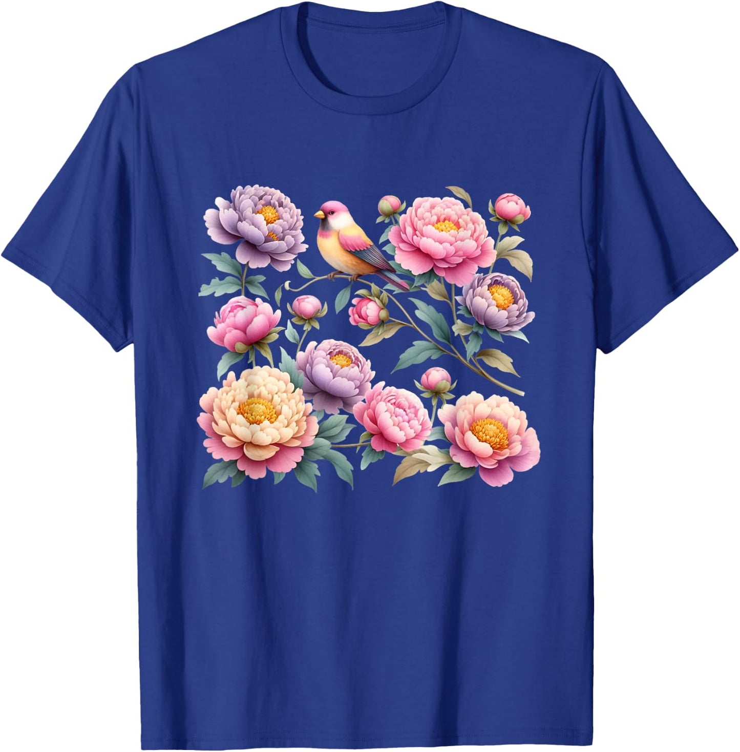 Beautiful Peonies Flowers Blossom Bird Nature Lover Gardener T-Shirt - T-Shirt | Royal