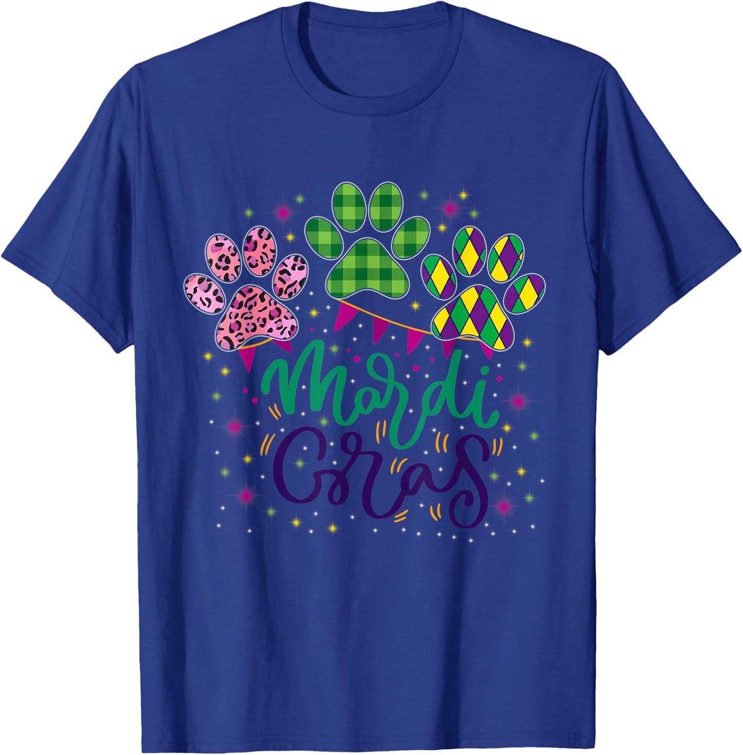 Leopard Print And Buffalo Plaid Dog Paw Mardi Gras Beads Men Women T-Shirt - T-Shirt | Royal