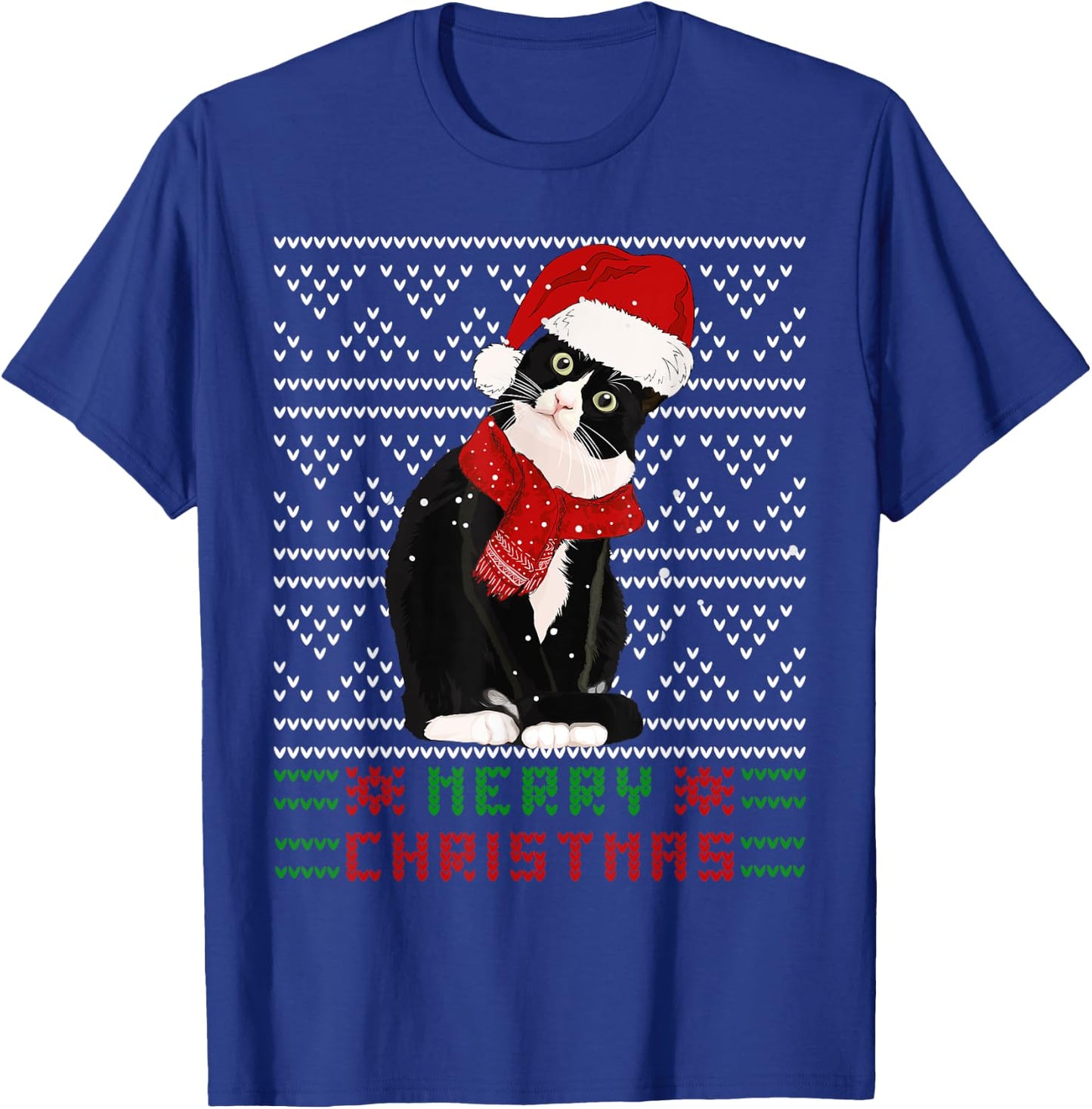 Ugly Christmas Black Cat Santa Hat Scarf Cute Tuxedo Cat Men Women Kids T-Shirt - T-Shirt | Royal