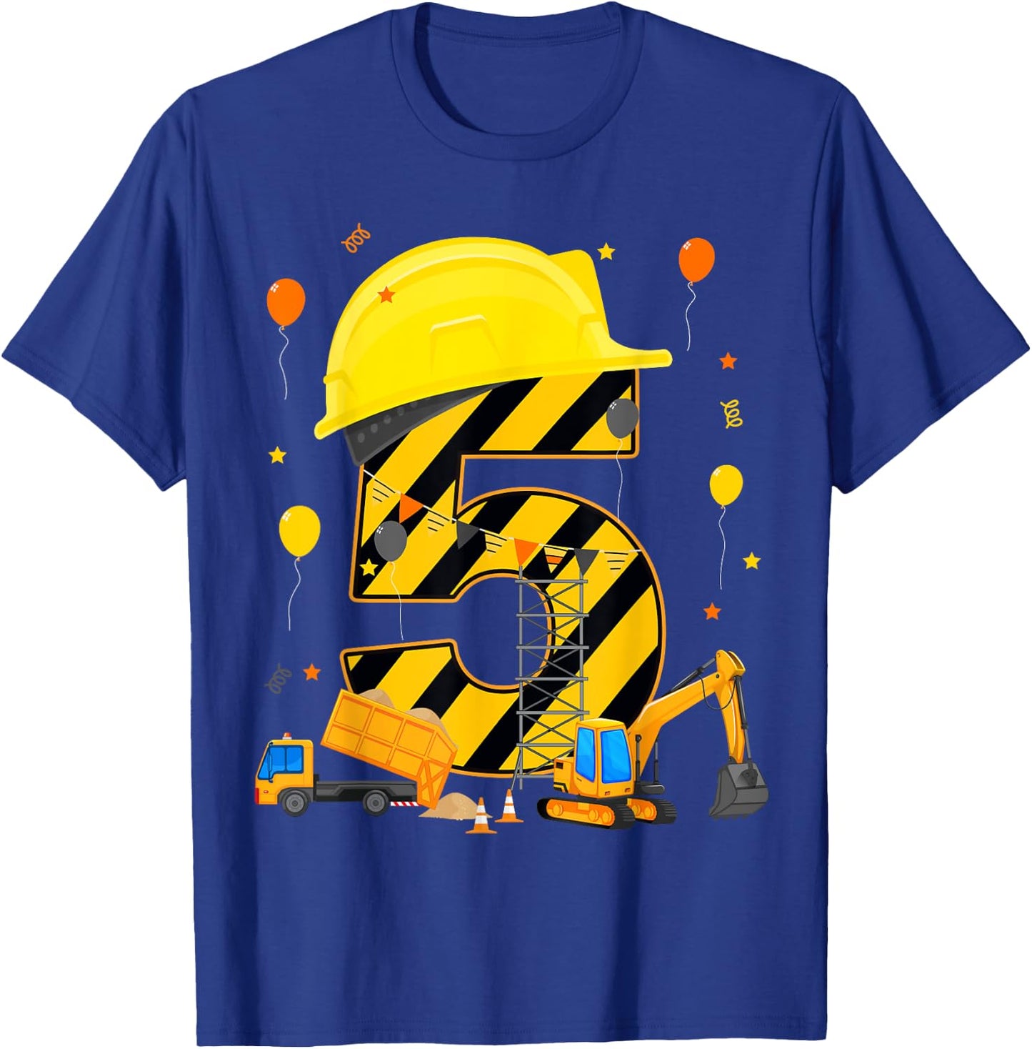 Five 5yr 5th Birthday Construction Vehicles 5 Year Old T-Shirt - T-Shirt | Royal