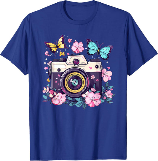 Colorful Photo Camera With Flowers I Photo Camera T-Shirt - T-Shirt | Royal