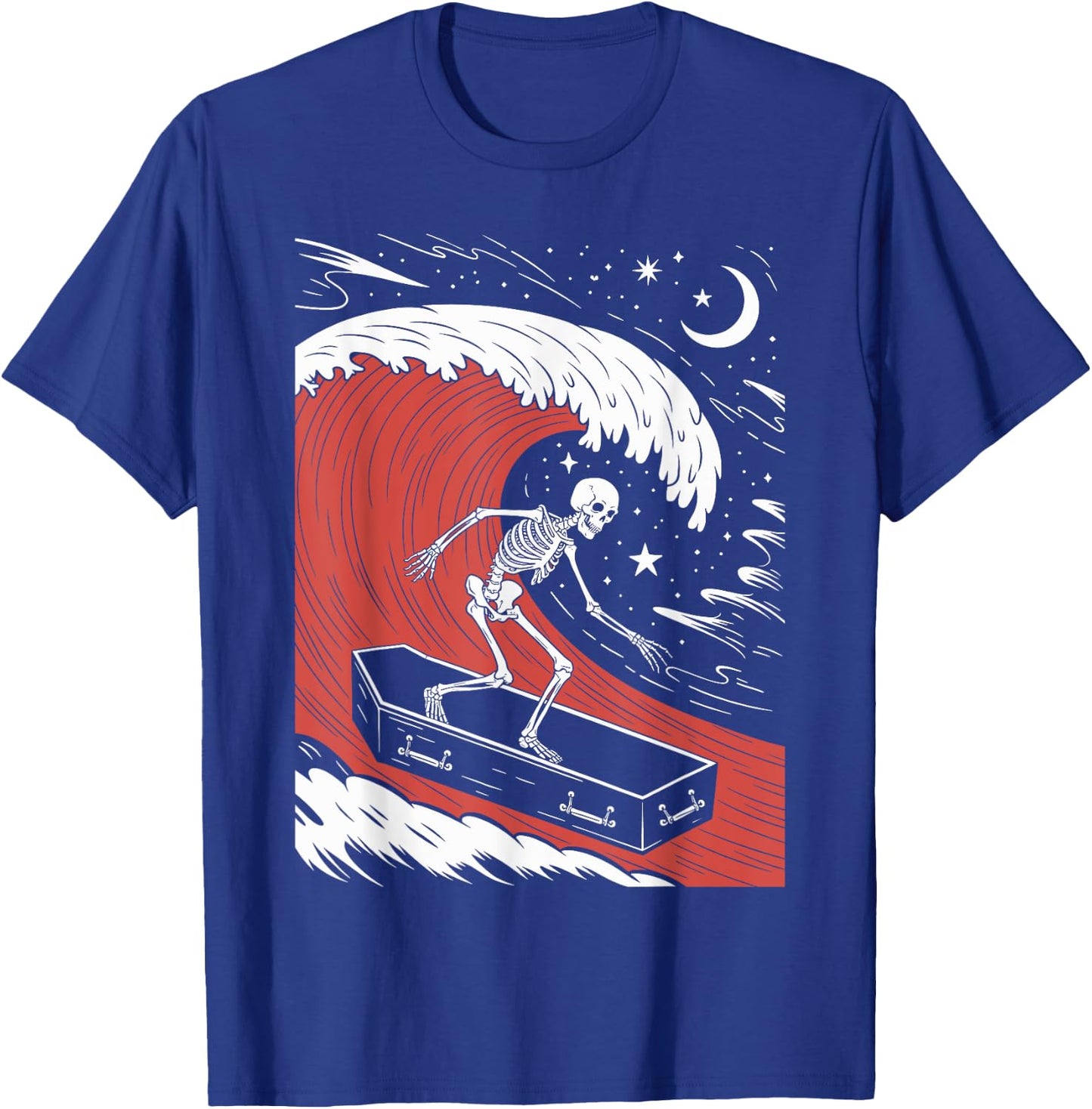Funny Skeleton Surfing With a Coffin Spooky Halloween Surfer T-Shirt - T-Shirt | Royal