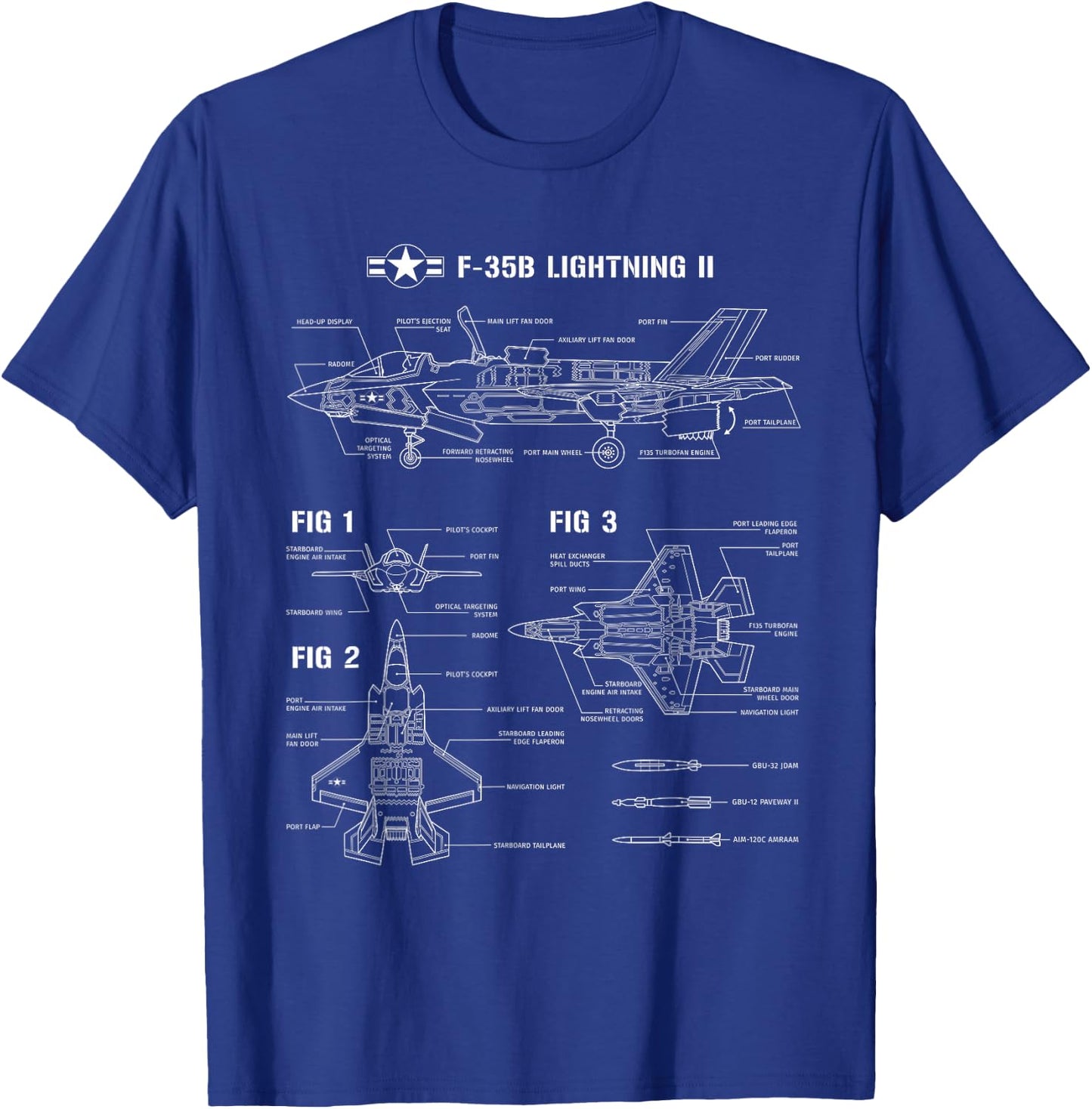 American Aircraft Stealth Fighter F35 lightning blueprint T-Shirt - T-Shirt | Royal