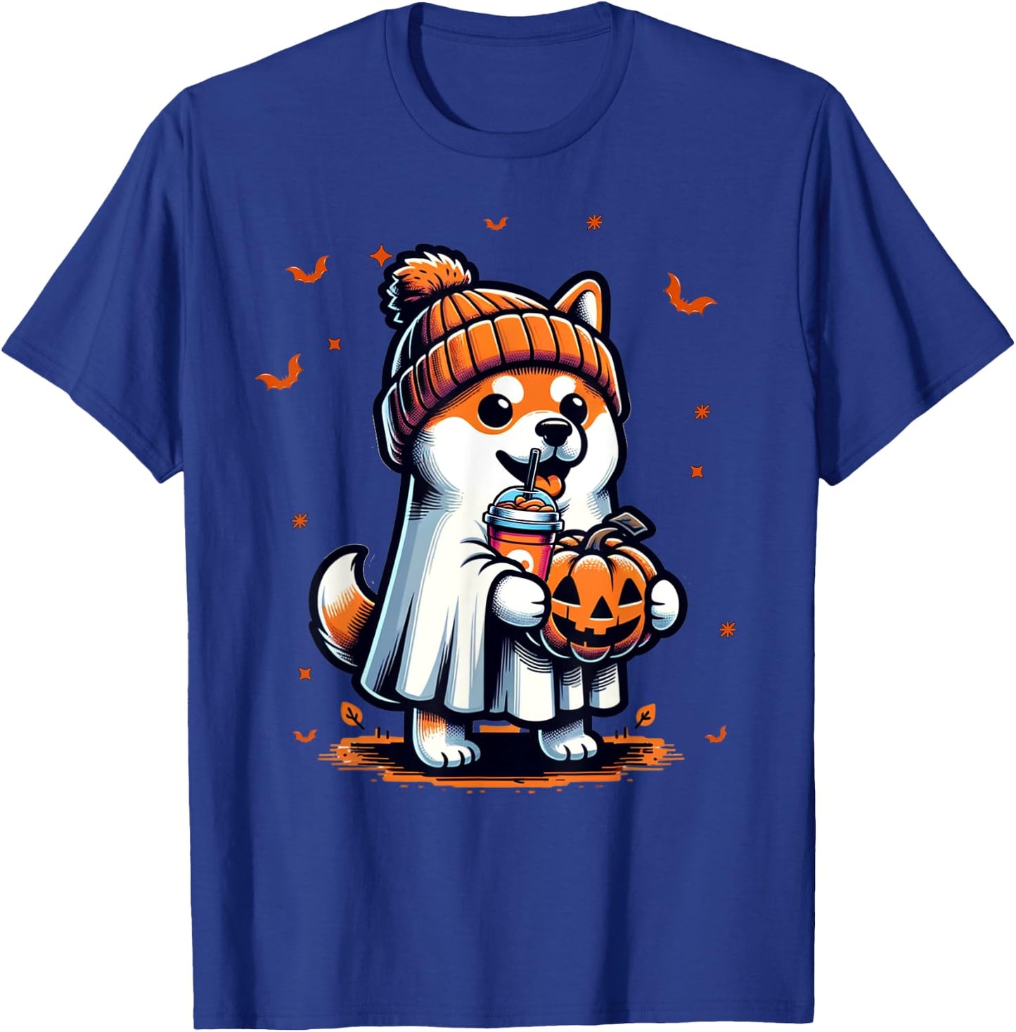 Ghost Shiba Inu Dog Pumpkin Drinks Beanie Fall Halloween Women Kids T-Shirt - T-Shirt | Royal