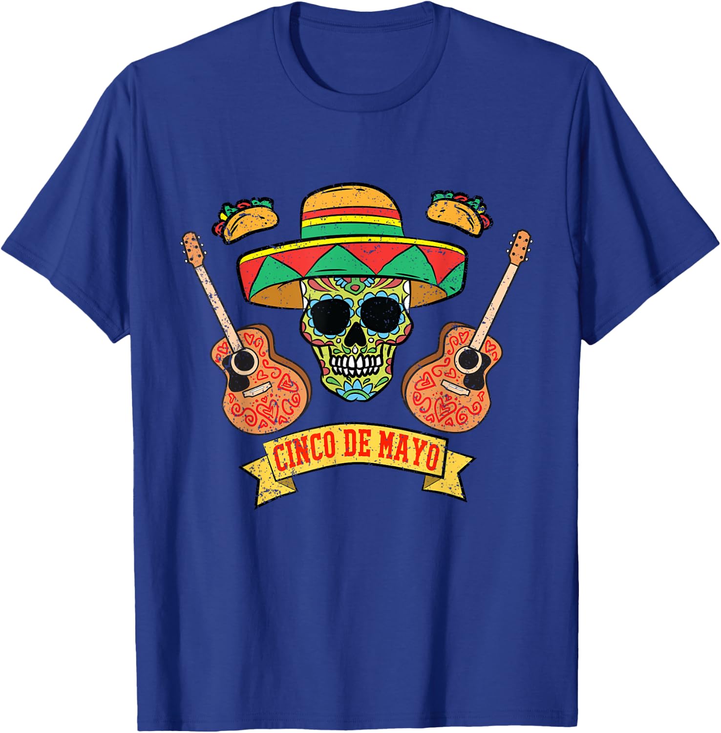 Sugar Skull Mariachi Cinco De Mayo Mexican Sombrero Taco T-Shirt - T-Shirt | Royal