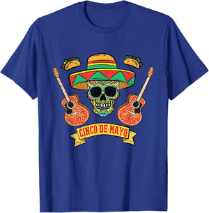 Sugar Skull Mariachi Cinco De Mayo Mexican Sombrero Taco T-Shirt - T-Shirt | Royal