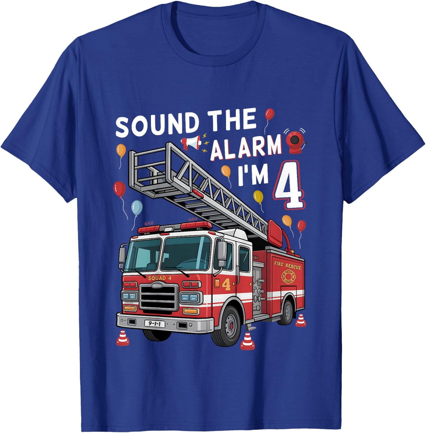 4th Birthday Boy Fire Truck 4 Year Old Boy Girl Firefighter T-Shirt - T-Shirt | Royal