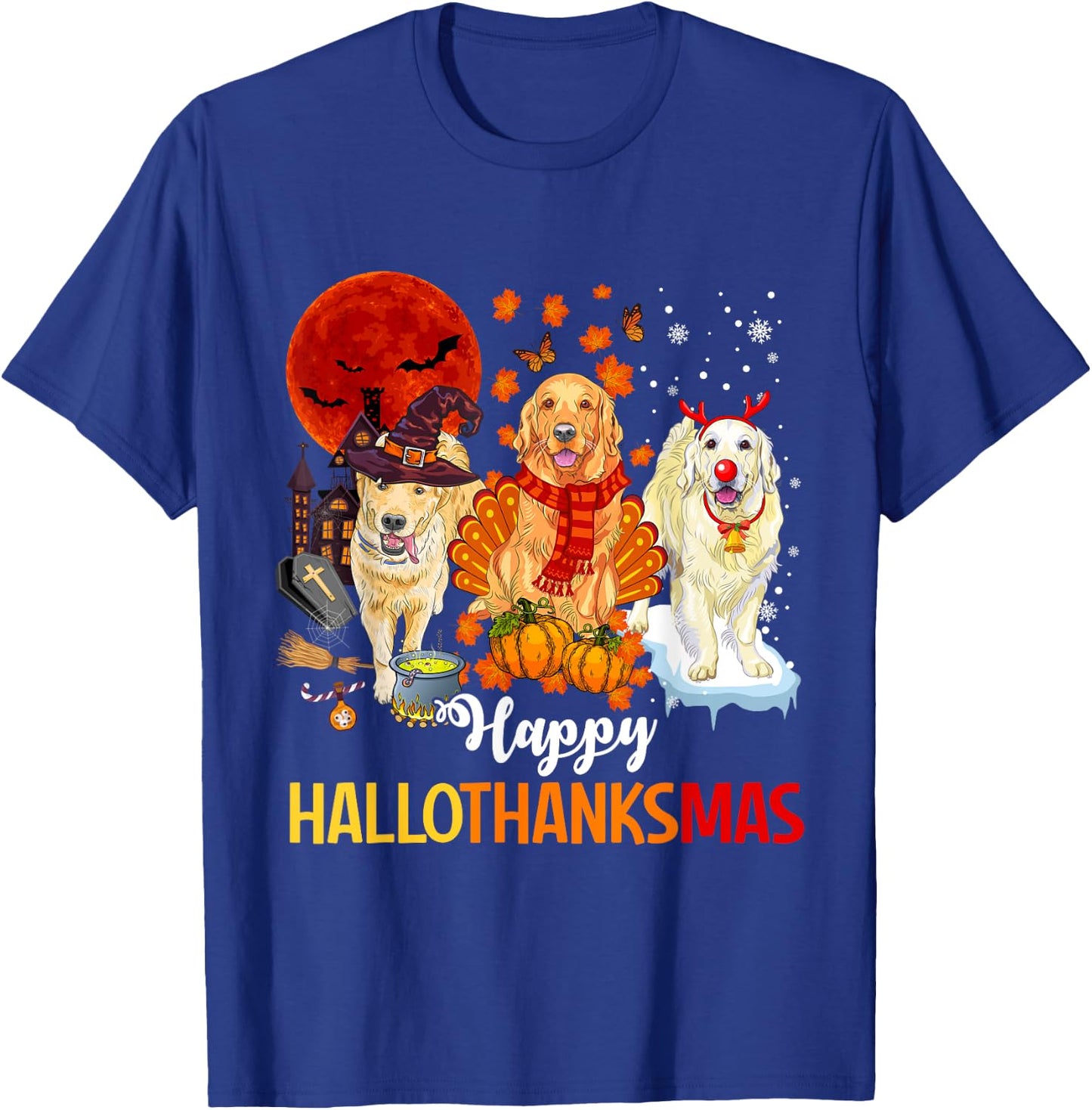 Golden Retriever Happy Hallothanksmas Halloween Thanksgiving T-Shirt - T-Shirt | Royal