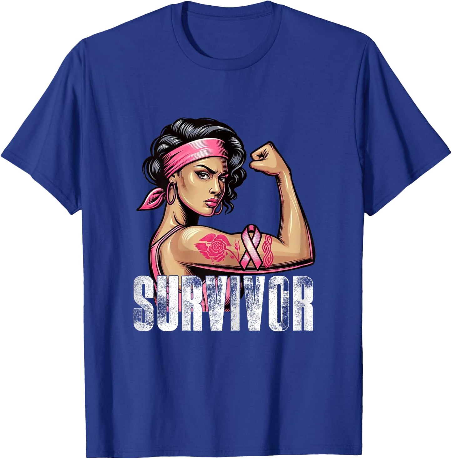Breast Cancer Survivor Rosie Riveter Pink Awareness Women T-Shirt - T-Shirt | Royal