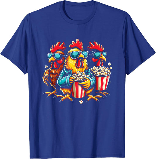 Chickens Eating Popcorn - Funny Farm Animal Popcorn Lover T-Shirt - T-Shirt | Royal