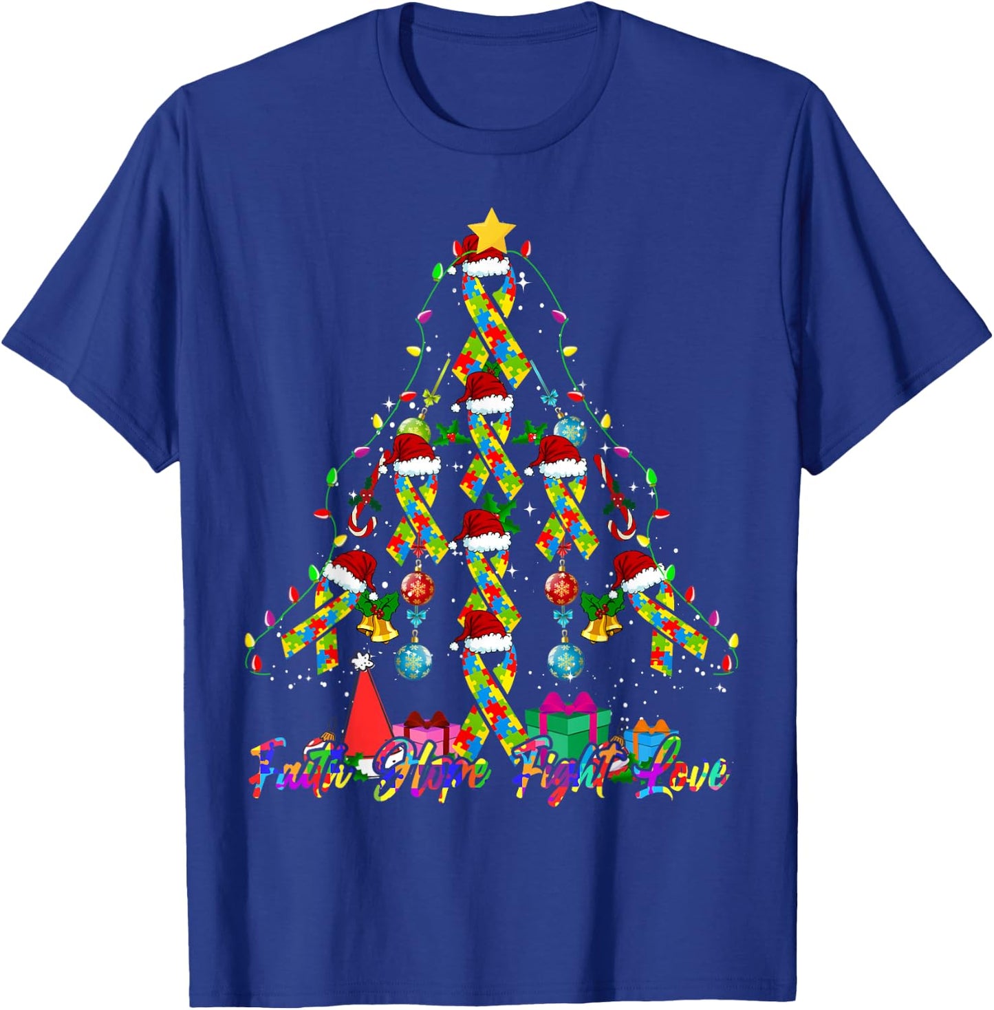 Santa Puzzle Ribbon Christmas Tree Autism Awareness T-Shirt - T-Shirt | Royal