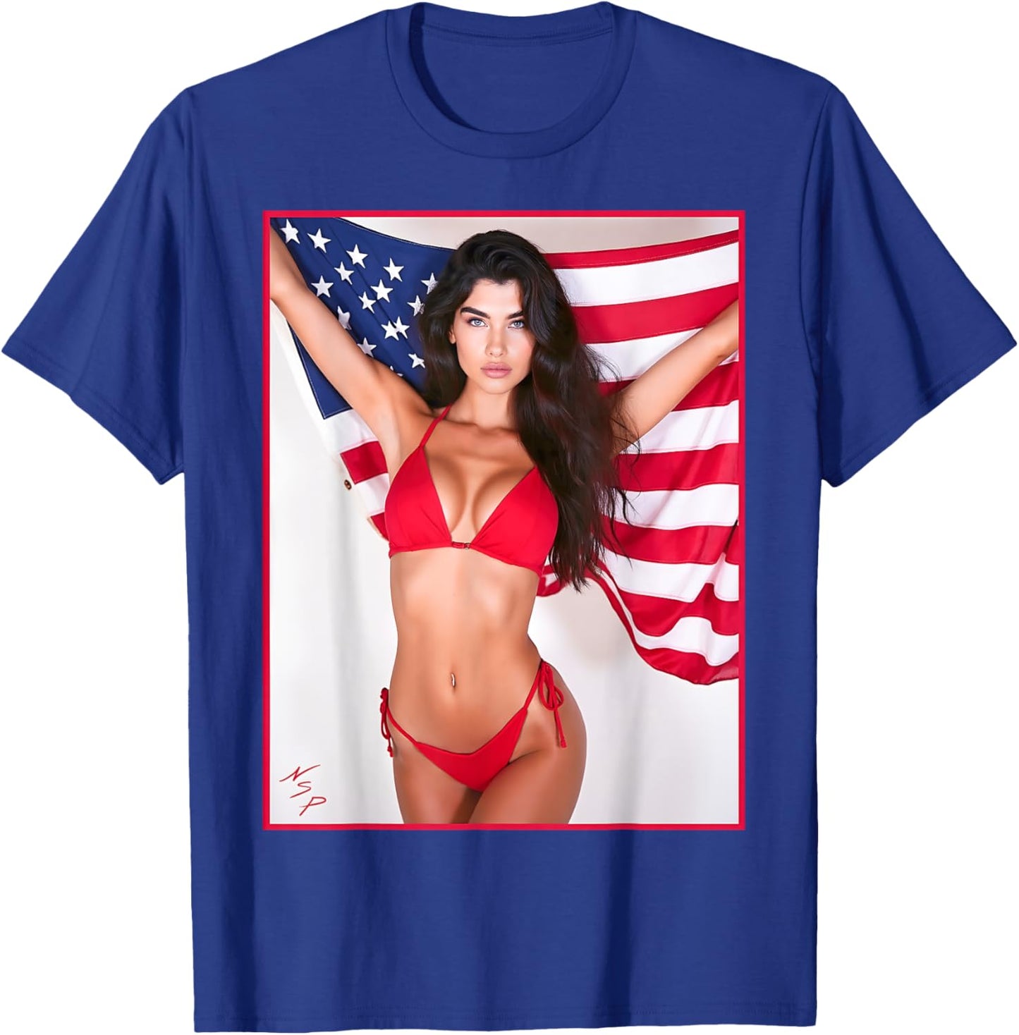 Hot Babe - Beautiful Bikini Girl with American Flag T-Shirt - T-Shirt | Royal
