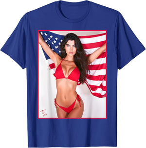 Hot Babe - Beautiful Bikini Girl with American Flag T-Shirt - T-Shirt | Royal