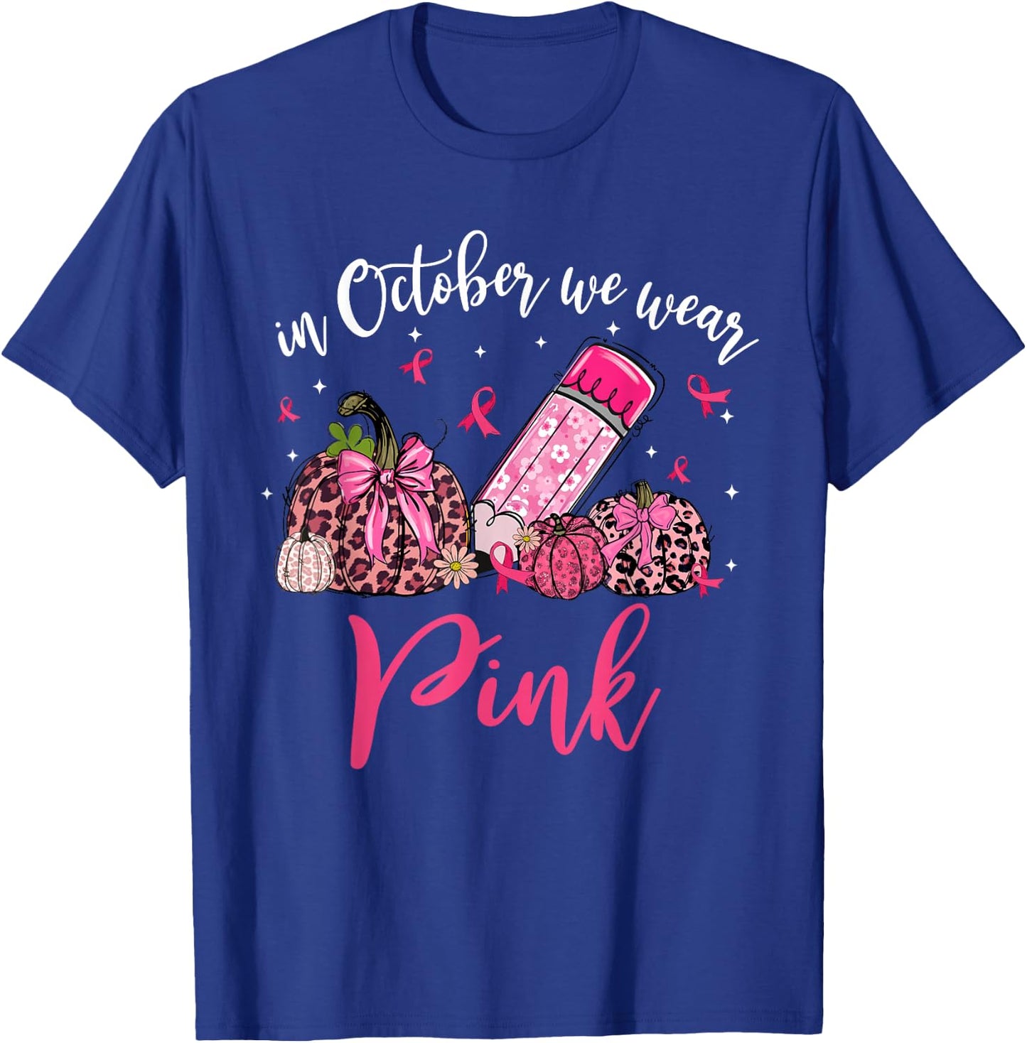 In October We Wear Pink Apple Teacher Daisy Breast Cancer T-Shirt - T-Shirt | Royal
