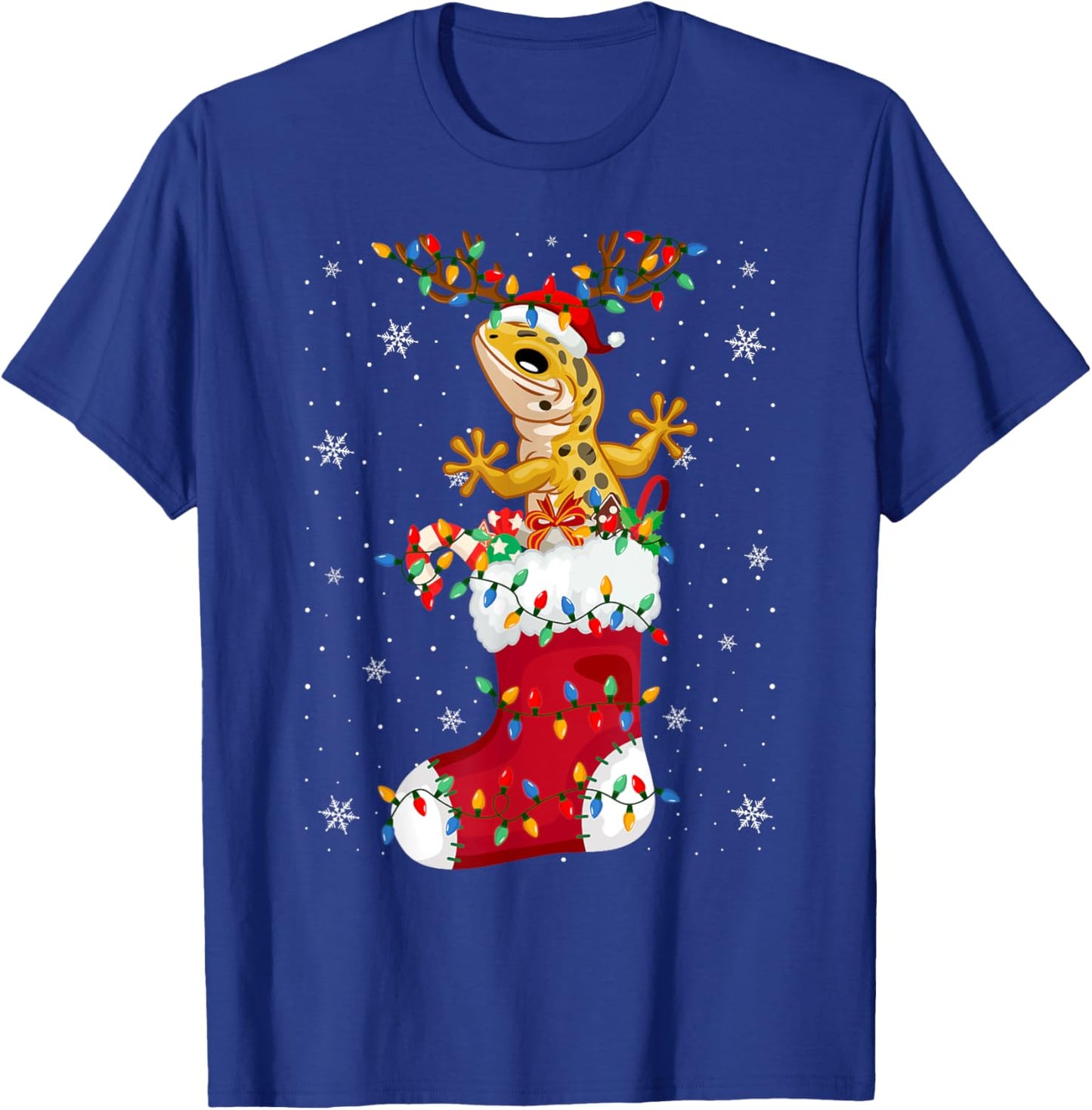 Santa Hat Leopard Gecko Animal In Socks Xmas Tree Lights T-Shirt - T-Shirt | Royal