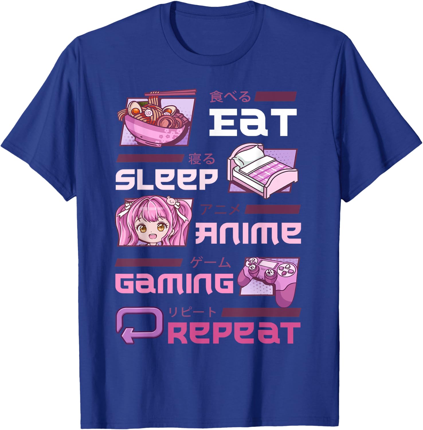 Gamer Gaming Video Games Funny Eat Sleep Anime Gaming Repeat T-Shirt - T-Shirt | Royal
