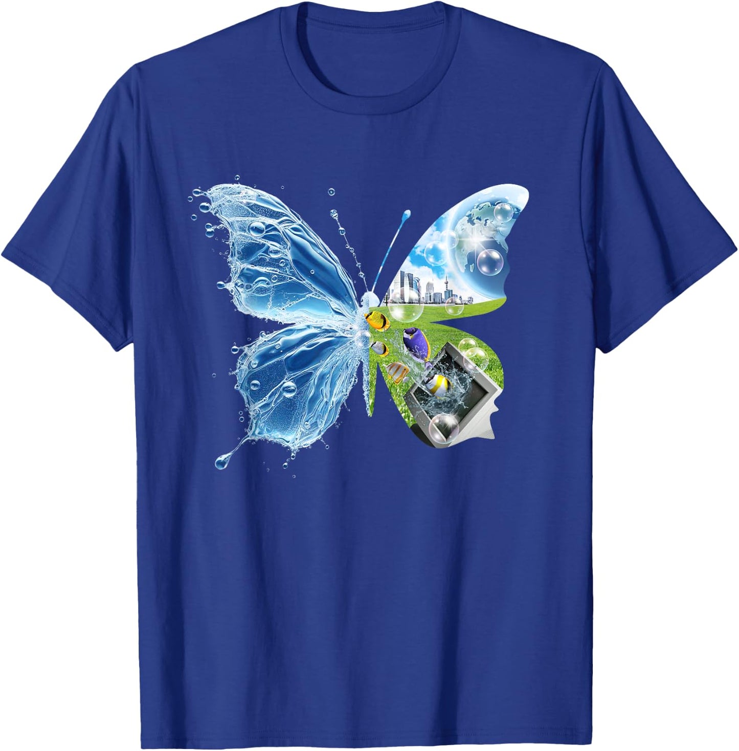 Frutiger Aero Aesthetic Butterfly Computer Fishes Scenery T-Shirt - T-Shirt | Royal