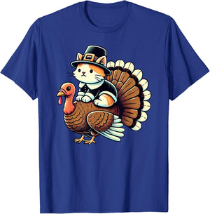 Pilgrim Cat Costume On Turkey Funny Thanksgiving Turkey T-Shirt - T-Shirt | Royal