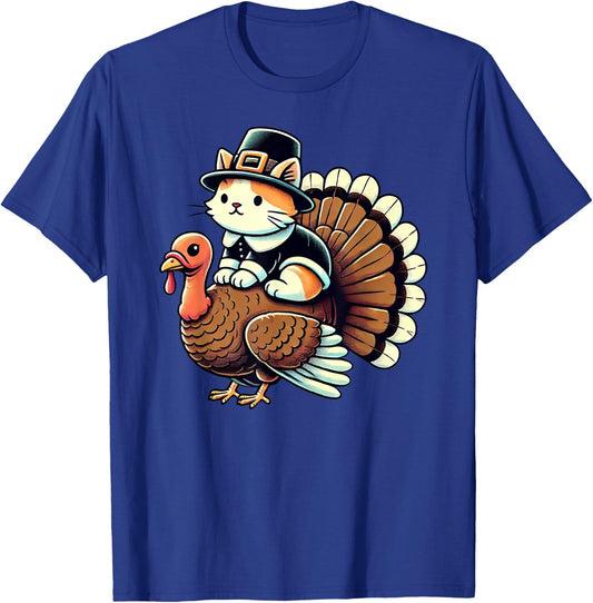 Pilgrim Cat Costume On Turkey Funny Thanksgiving Turkey T-Shirt - T-Shirt | Royal
