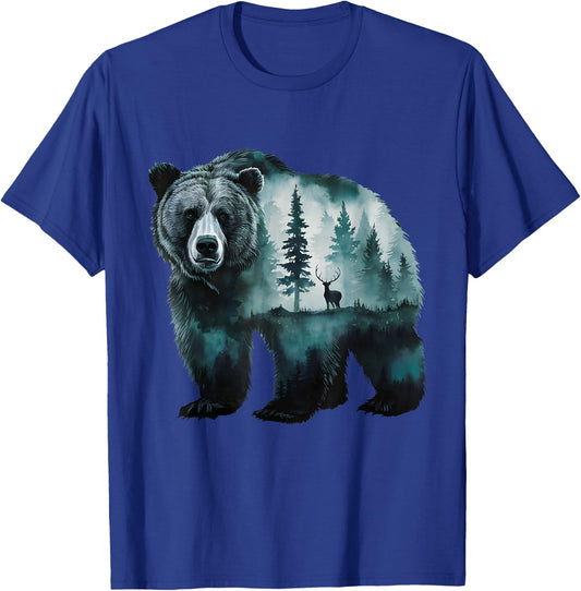 Majestic Grizzly Bear Deer Forest Scenic Nature Wildlife Art T-Shirt - T-Shirt | Royal