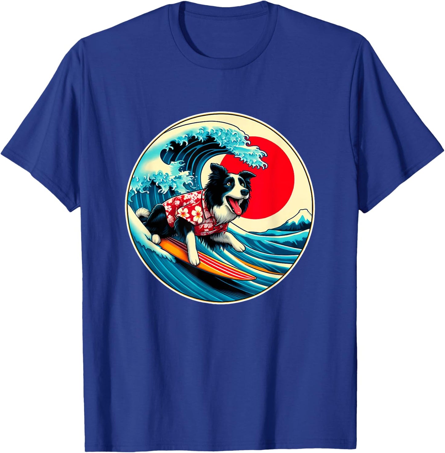 Great Wave Kanagawa Border Collie dog Surfing Women Kids T-Shirt - T-Shirt | Royal
