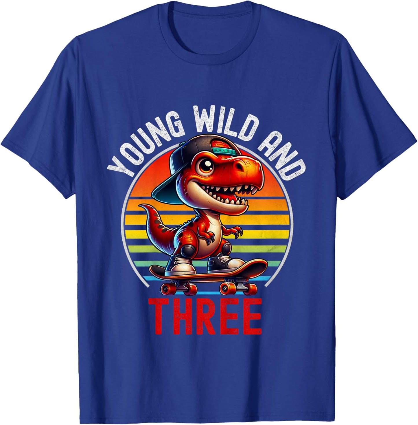 Kids Young Wild & Three T-Rex 3rd Birthday Retro skater Dinosaur T-Shirt - T-Shirt | Royal